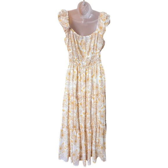 Trixxie Yellow Floral Ruffled Maxi Dress Sz L Milkmaid Boho Cottagecore Prairie - Picture 12 of 14